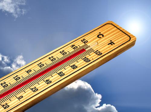 rising temperature displayed on a thermometer in response to the warmer weather