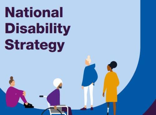 cover art for national disability strategy report featuring a wheelchair user, a person with limb difference, and others with invisible disabilities. 