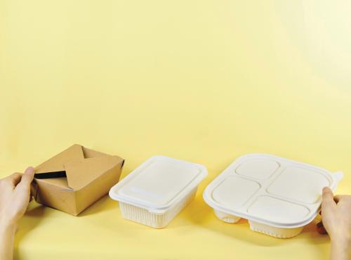 Three takeaway containers of varying material types