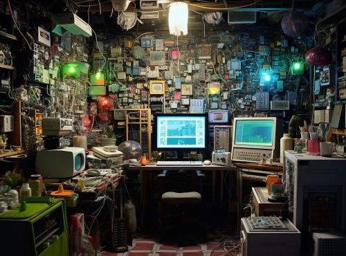 AI Generated image of room with a computer and lots of tech devices on the walls