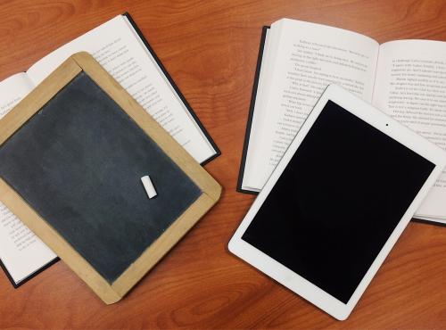 Photo of a chalkboard and an iPad