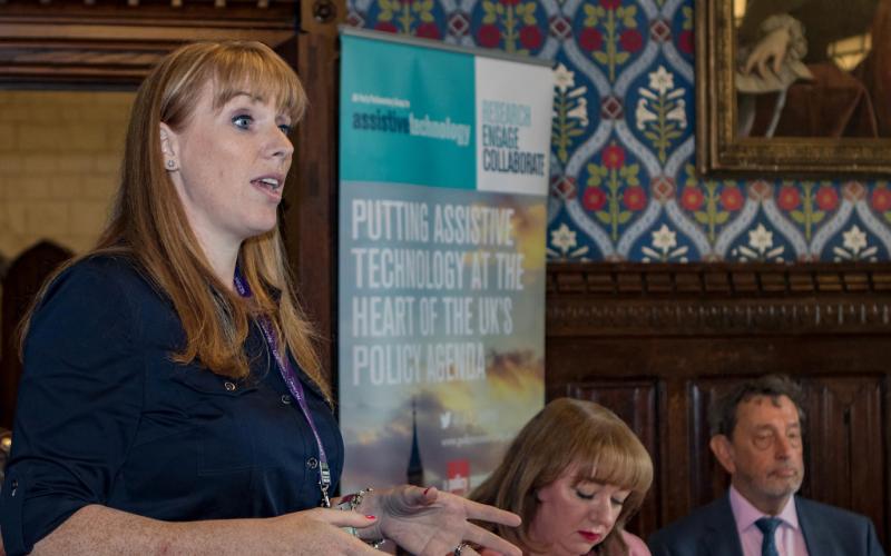 Angela Rayner MP speaking at event - to her right are panellists, Sharon Hodgson MP, and the Rt Hon. the Lord Blunkett