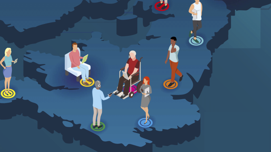 An outline of the UK with a number of people producing and using different types of data and technology
