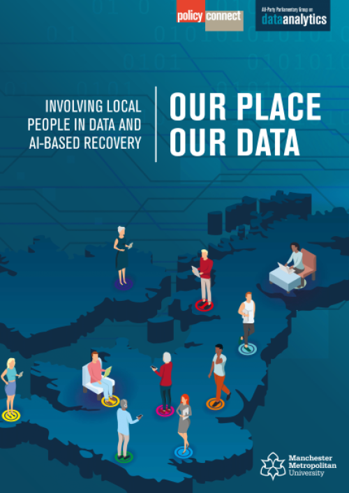 Front cover of the Our Place Our Data report, showing an outline of the UK and a number of people using data and devices in various different ways