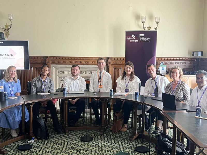 Speakers in the House of Commons at Policy Connect's APPGAT roundtable discussion on Technology and the SEND Reforms. Speakers include: Peter Swallow MP, Khamani Edwards, Kathryn Stowell, Craig Wilkie, Julaan Govier, Reeza Awoodun, Zoe Mather, Robert McLaren