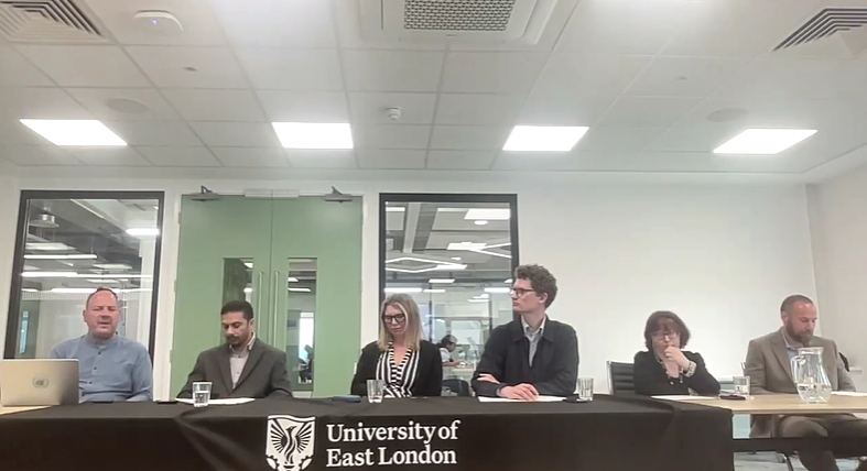 Speakers on the panel, from left to right: Marc Goblot, Ishmael Kaji, Rebecca Brindley, Robert McLaren, Rosalyn Weinberg, and Dr Paul Watts