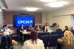 Photo of the panel discussion at Conservative Party Conference 2026 on building a more accessible transport system for disabled people. Speakers shown are the Chair, Dr Emma Partlow, alongside Lord Daniel Moylan, Clive Gilbert, James Windsor-Clive and Lana Hempsall.